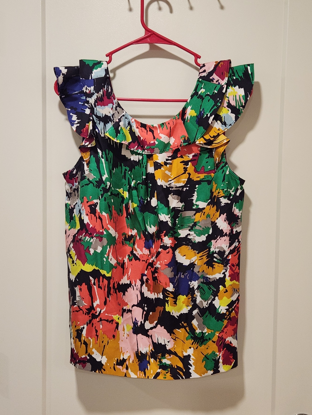 J. Crew 100% Silk Ruffle Abstract Paint Brushstroke Tank Top Size 8 Medium